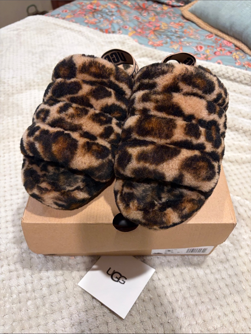 UGG Leopard Print Women’s Faux-Fur Slide Slippers - Brown/Black. Size 9